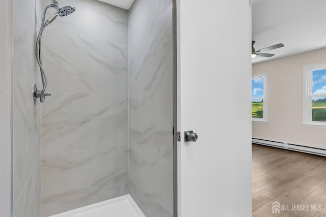 377-B Old Nassau Rd, Monroe, NJ 08831 - bathroom with a marble finish shower, wood finished floors, baseboard heating, and a ceiling fan