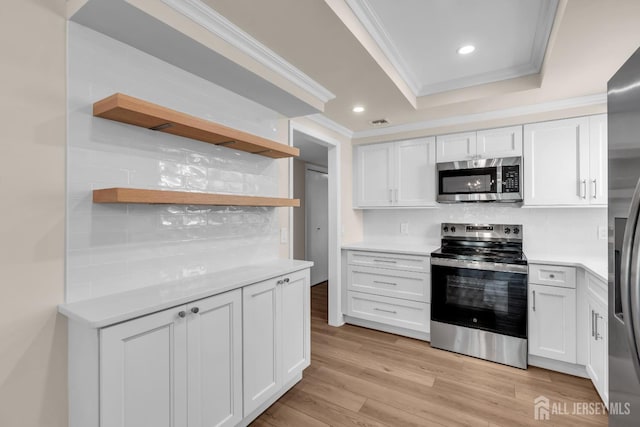 377-B Old Nassau Rd, Monroe, NJ 08831 - kitchen featuring stainless steel appliances, open shelves, ornamental molding, white cabinets, and backsplash