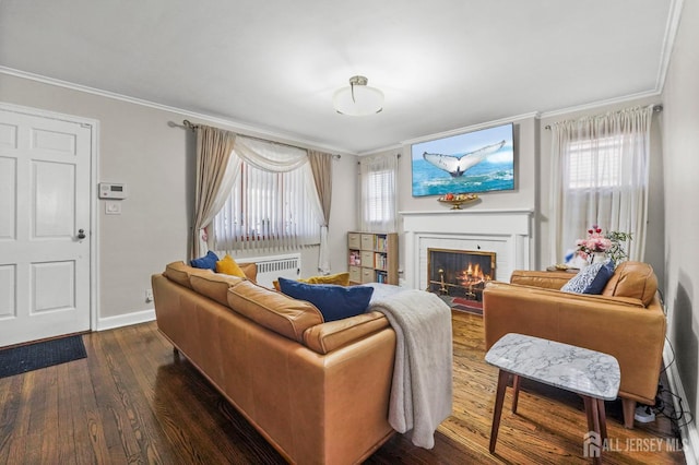 living area with dark wood finished floors, a fireplace, and ornamental molding