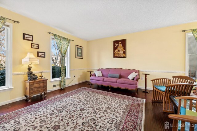 living room featuring dark hardwood / wood-style floors and a textured ceiling