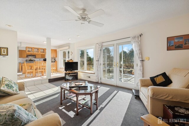 living room with ceiling fan, carpet flooring, and a textured ceiling