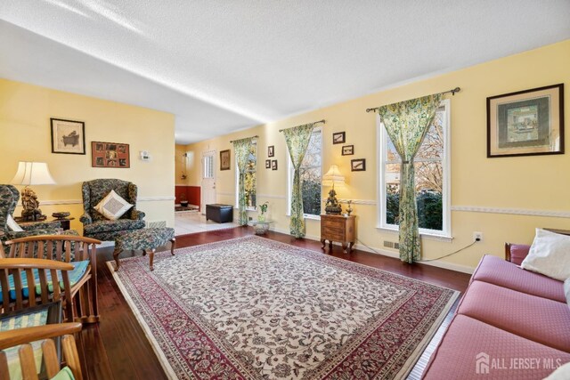 living room with hardwood / wood-style floors and a textured ceiling