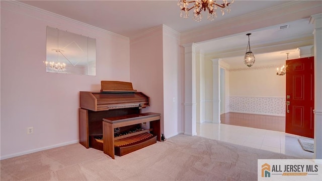 532 Waterside Blvd, Monroe, NJ 08831 - sitting room featuring a chandelier, carpet floors, crown molding, and ornate columns