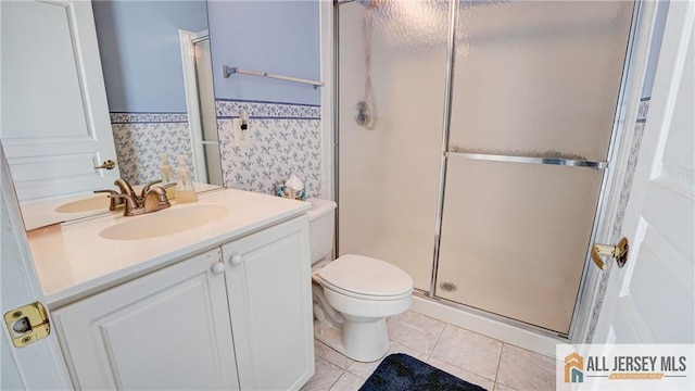 532 Waterside Blvd, Monroe, NJ 08831 - full bath with toilet, vanity, a shower stall, tile patterned flooring, and wallpapered walls