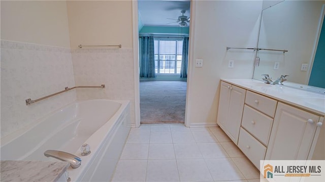532 Waterside Blvd, Monroe, NJ 08831 - full bath featuring tile patterned floors, a bath, a ceiling fan, and double vanity