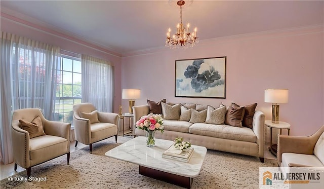 532 Waterside Blvd, Monroe, NJ 08831 - living area featuring ornamental molding and a chandelier