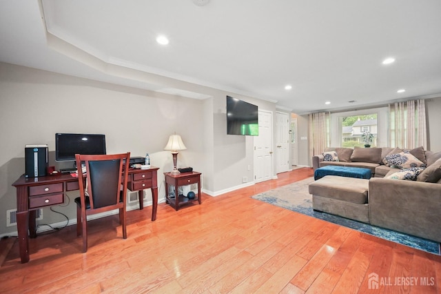 134 Devon Rd, Colonia, NJ 07067 - living room featuring wood finished floors, recessed lighting, crown molding, and a desk