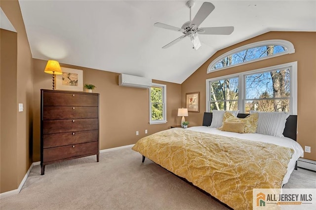 carpeted bedroom with a wall mounted AC, baseboards, a ceiling fan, and vaulted ceiling