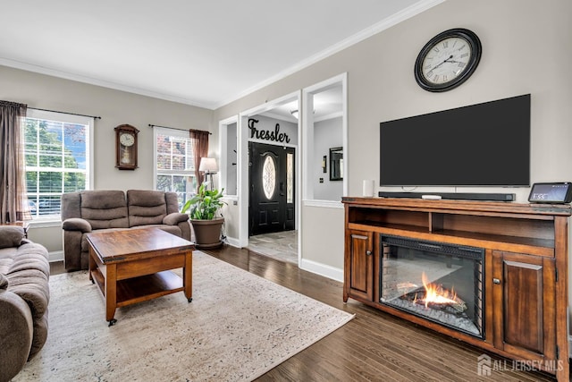 living area featuring crown molding, a lit fireplace, dark wood-style floors, and baseboards