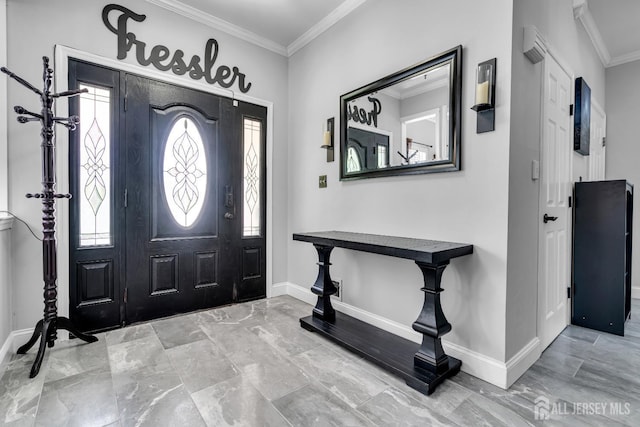 entrance foyer featuring baseboards, crown molding, and marble finish floors