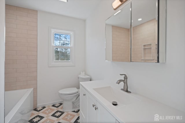 full bath featuring a tub, walk in shower, baseboards, toilet, and vanity