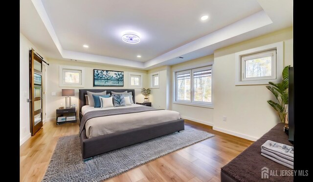 bedroom with light hardwood / wood-style flooring and a tray ceiling