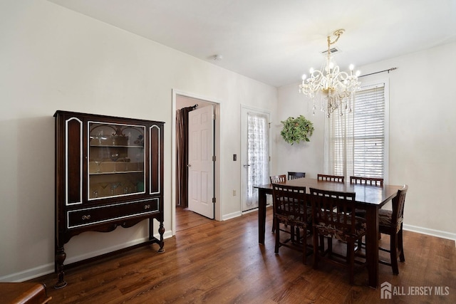 dining area featuring visible vents, baseboards, and dark wood finished floors