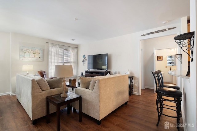 living room featuring baseboards and dark wood-type flooring