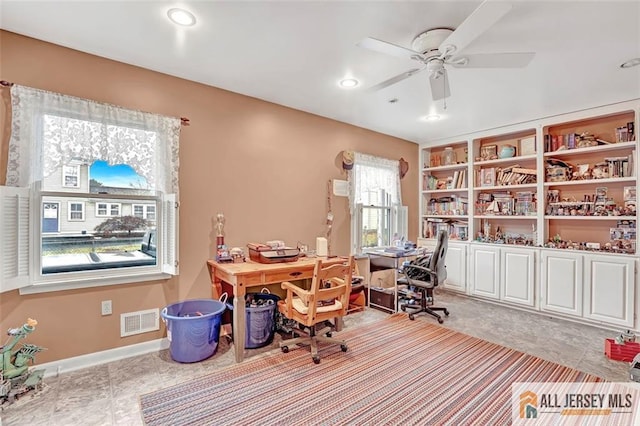 home office with ceiling fan, visible vents, baseboards, and recessed lighting