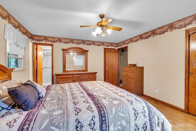 bedroom featuring ceiling fan and light hardwood / wood-style flooring