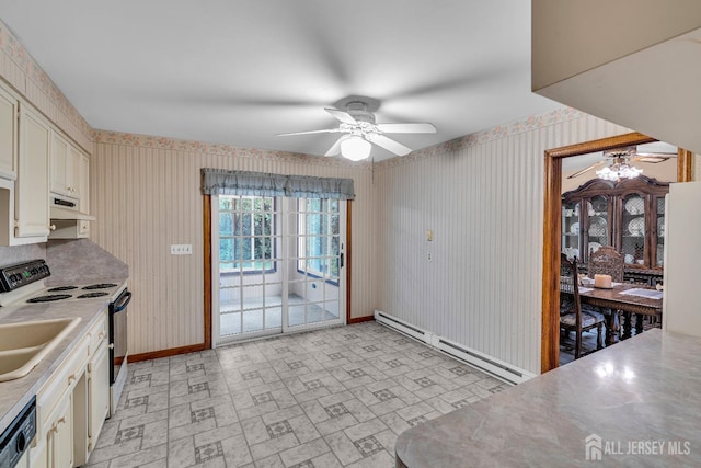 kitchen with white electric range oven, dishwashing machine, ceiling fan, a baseboard heating unit, and cream cabinetry