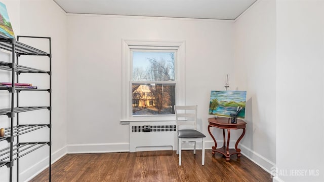 living area featuring ornamental molding, radiator, baseboards, and wood finished floors