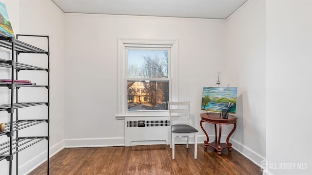 sitting room with radiator, baseboards, and wood finished floors