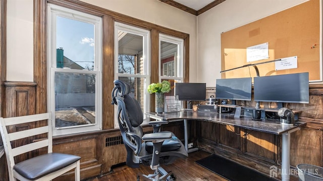 home office featuring dark wood finished floors and ornamental molding