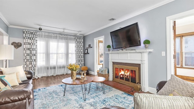 living area featuring baseboards, a fireplace with flush hearth, ornamental molding, and track lighting