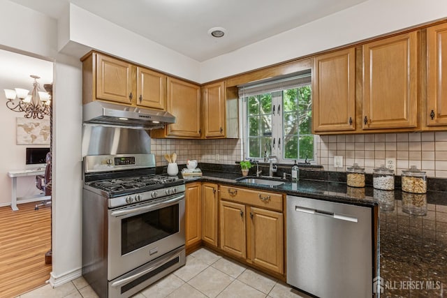 192 Middlesex Ave, Piscataway, NJ 08854 - kitchen featuring appliances with stainless steel finishes, under cabinet range hood, a chandelier, and decorative backsplash
