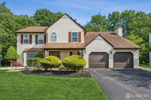 192 Middlesex Ave, Piscataway, NJ 08854 - view of front of property featuring a garage, driveway, a front yard, a chimney, and roof with shingles
