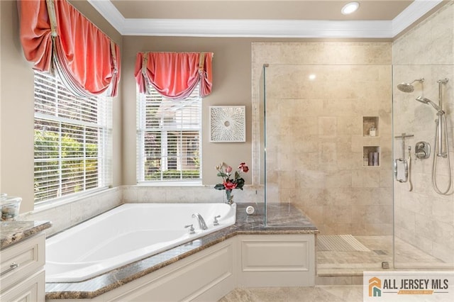 8 Tamarack Rd, Monroe, NJ 08831 - bathroom featuring crown molding, a bath, a shower stall, and vanity