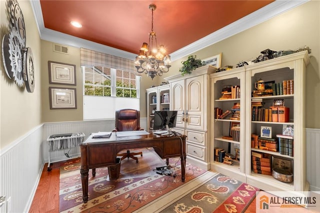 8 Tamarack Rd, Monroe, NJ 08831 - office space featuring crown molding, wood finished floors, a chandelier, and a wainscoted wall