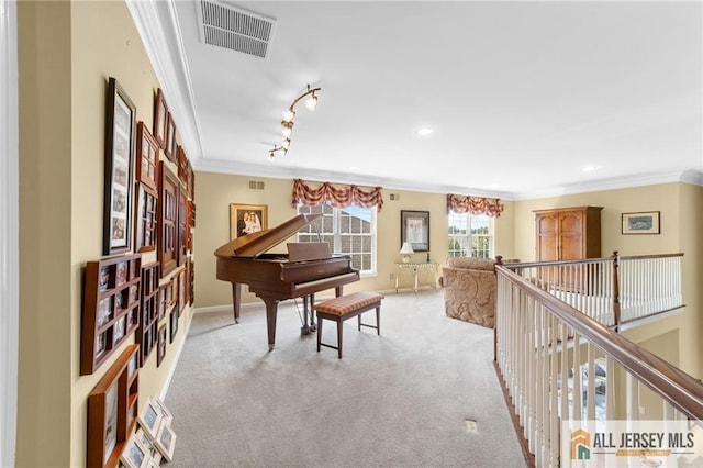 8 Tamarack Rd, Monroe, NJ 08831 - sitting room featuring crown molding, carpet floors, an upstairs landing, and track lighting