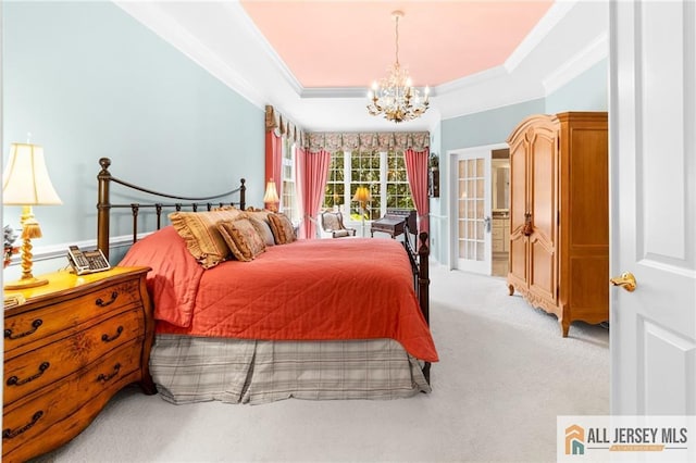 8 Tamarack Rd, Monroe, NJ 08831 - bedroom with ornamental molding, a chandelier, light carpet, and a raised ceiling