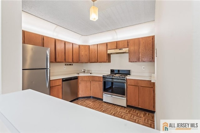 81 Fisher Dr Unit 2503, Franklin, NJ 08823 - kitchen with appliances with stainless steel finishes, under cabinet range hood, light countertops, brown cabinetry, and a sink