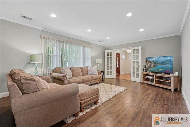 39 Evergreen Ter, Monroe, NJ 08831 - living area featuring ornamental molding, french doors, recessed lighting, and wood finished floors