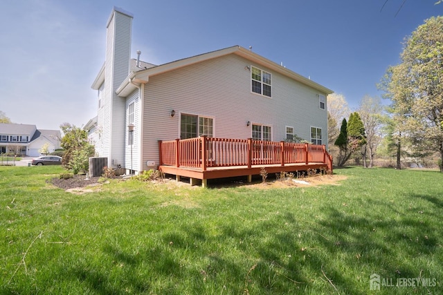 23 Heather Ct, Plainsboro, NJ 08536 - back of property with a chimney, cooling unit, a deck, and a yard