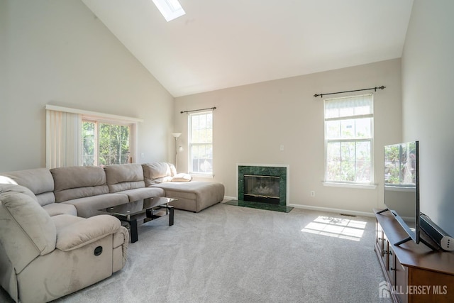 23 Heather Ct, Plainsboro, NJ 08536 - carpeted living room featuring high vaulted ceiling, a high end fireplace, and baseboards