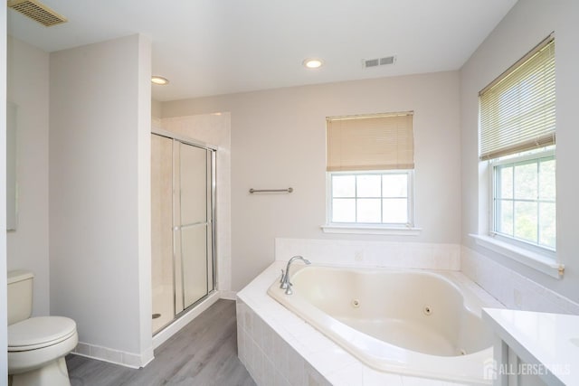 23 Heather Ct, Plainsboro, NJ 08536 - full bath with toilet, a shower stall, a jetted tub, wood finished floors, and recessed lighting