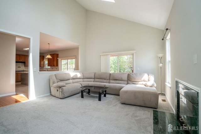 23 Heather Ct, Plainsboro, NJ 08536 - living room featuring high vaulted ceiling, carpet, baseboards, and a premium fireplace