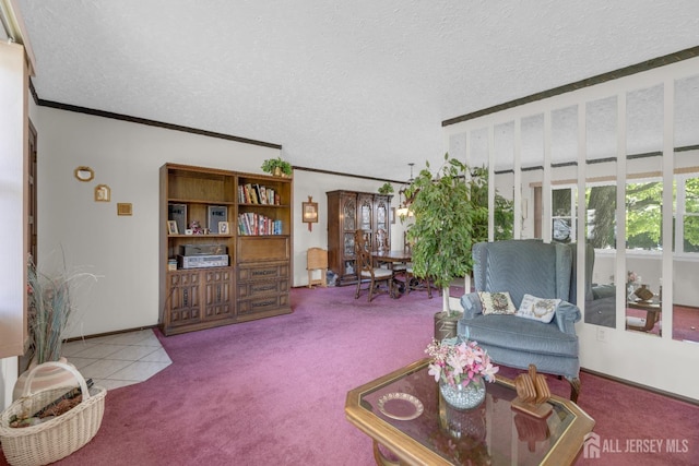 92 Maplewood Ave, Edison, NJ 08837 - living area with carpet flooring, a textured ceiling, and ornamental molding