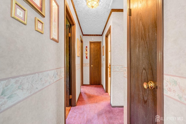 92 Maplewood Ave, Edison, NJ 08837 - hallway featuring wallpapered walls, a textured ceiling, carpet floors, wainscoting, and ornamental molding