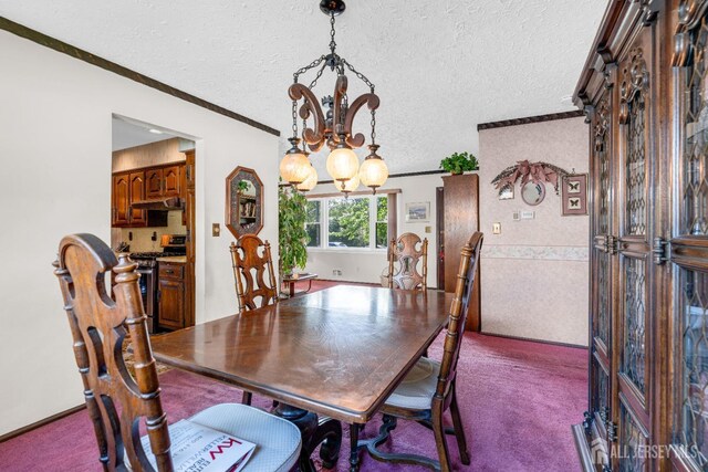92 Maplewood Ave, Edison, NJ 08837 - dining area featuring a chandelier, carpet floors, ornamental molding, and a textured ceiling
