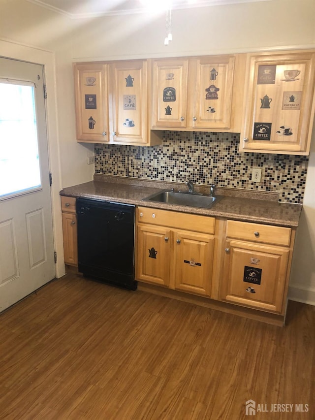 kitchen featuring dark wood-style floors, dark countertops, decorative backsplash, a sink, and dishwasher