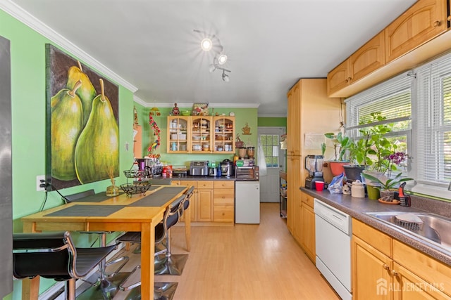 430 Wood Ave, North Brunswick, NJ 08902 - kitchen featuring dishwasher, ornamental molding, glass insert cabinets, dark countertops, and light wood-style floors