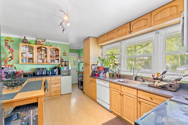 430 Wood Ave, North Brunswick, NJ 08902 - kitchen featuring white dishwasher, healthy amount of natural light, ornamental molding, glass insert cabinets, and range with electric stovetop