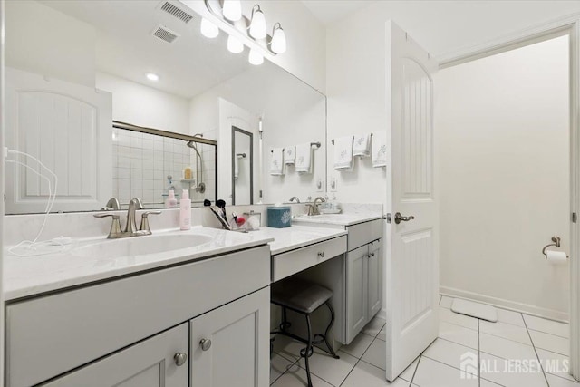 bathroom featuring a shower stall, a sink, tile patterned flooring, and visible vents