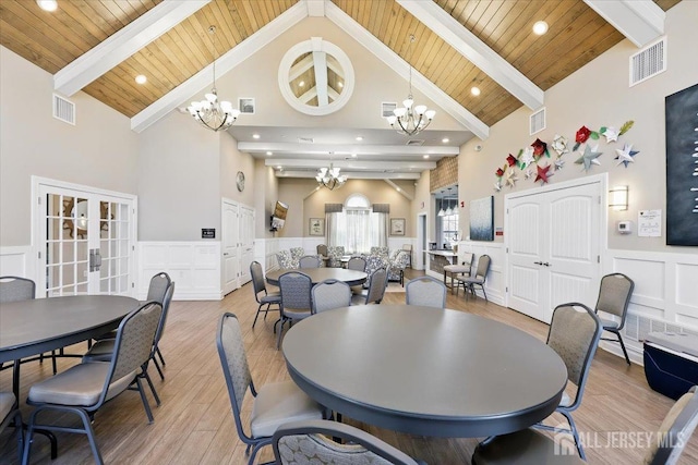 dining space featuring a decorative wall, high vaulted ceiling, a notable chandelier, and visible vents