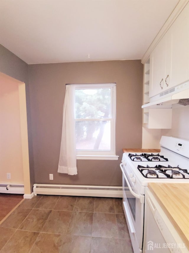 kitchen with under cabinet range hood, baseboard heating, white cabinets, white appliances, and a baseboard radiator