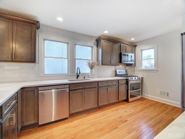 kitchen featuring tasteful backsplash, appliances with stainless steel finishes, sink, and light wood-type flooring