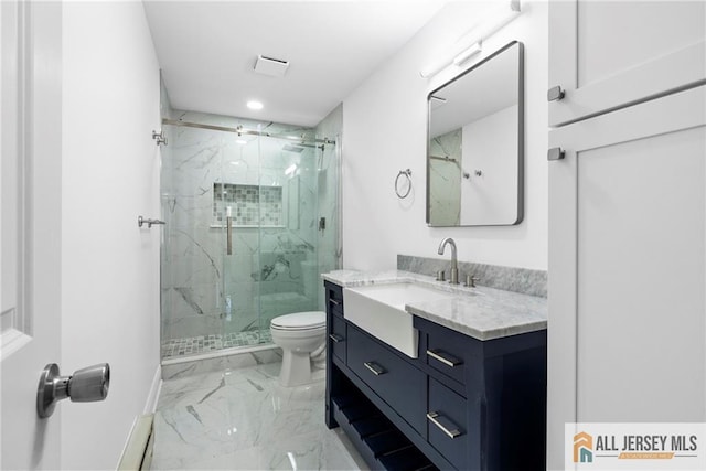 265 Crosse Dr Unit 265A, Monroe, NJ 08831 - full bathroom with marble finish floors, a marble finish shower, toilet, vanity, and baseboards