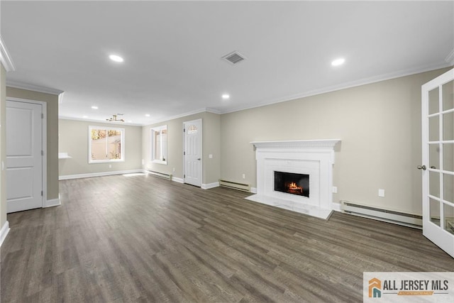 265 Crosse Dr Unit 265A, Monroe, NJ 08831 - unfurnished living room featuring crown molding, a baseboard heating unit, a fireplace, wood finished floors, and recessed lighting