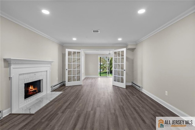 265 Crosse Dr Unit 265A, Monroe, NJ 08831 - unfurnished living room featuring french doors, a baseboard radiator, dark wood-style flooring, baseboards, and recessed lighting
